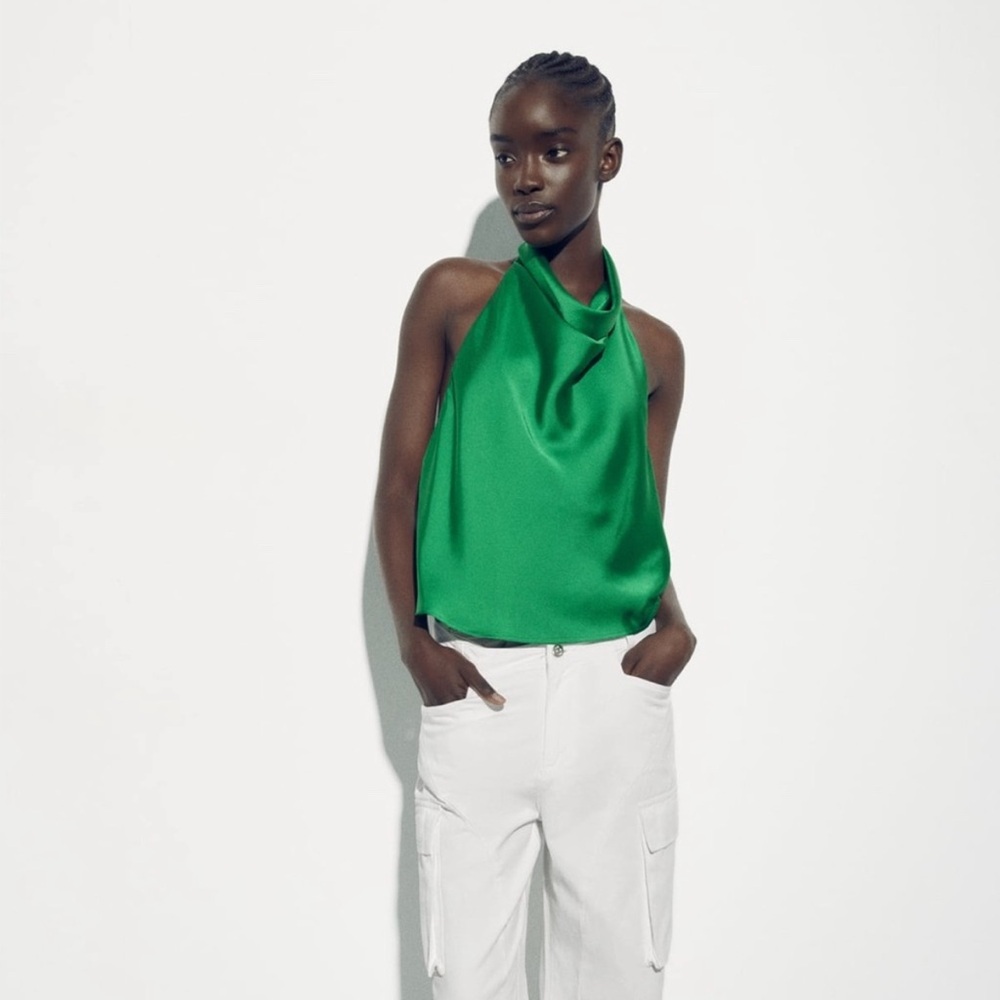 Zara Green Satin Halter Tank Top